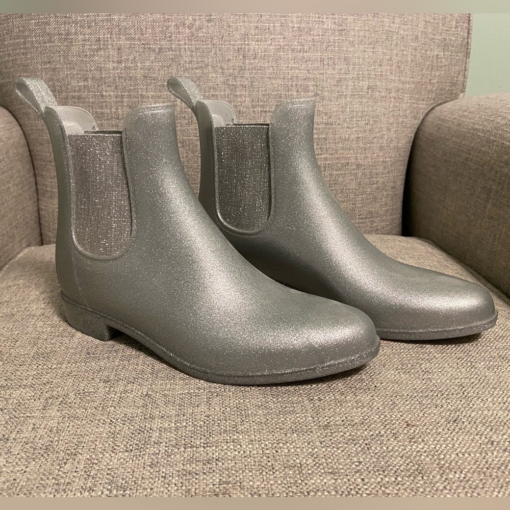 GUC J.Crew Mercantile Silver Glitter Chelsea Rain Booties